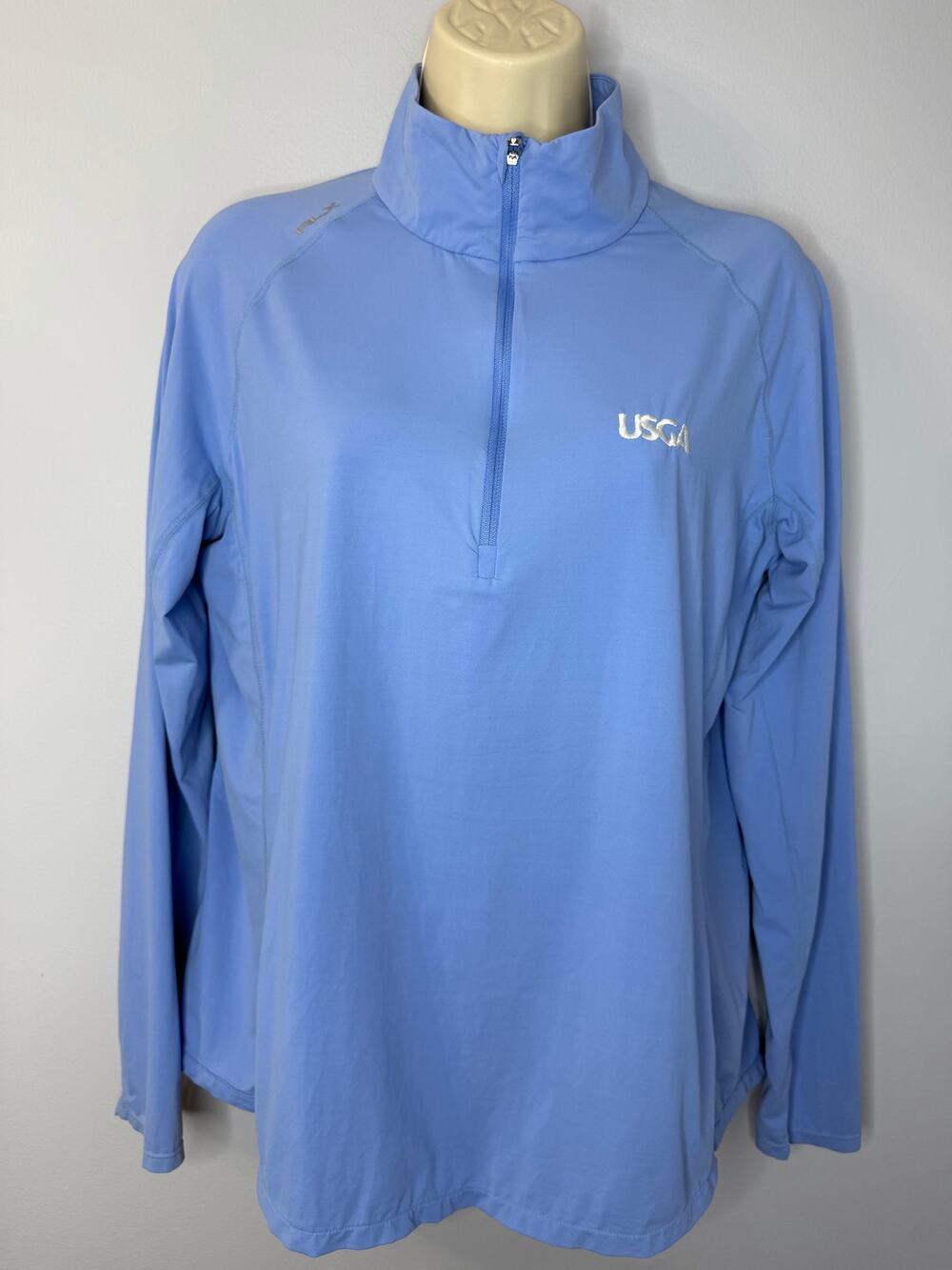 RLX Ralph Lauren Women's Stretch Jersey 1/4 Zip Pullover Blue L USGA logo